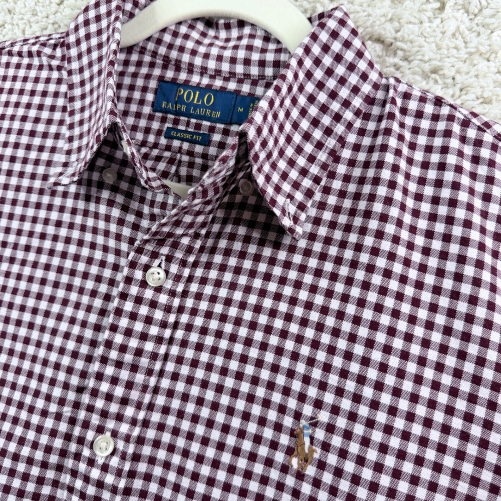 Mens Medium Polo Ralph Lauren Shirt Cotton Gingham Classic Fit Burgundy Preppy